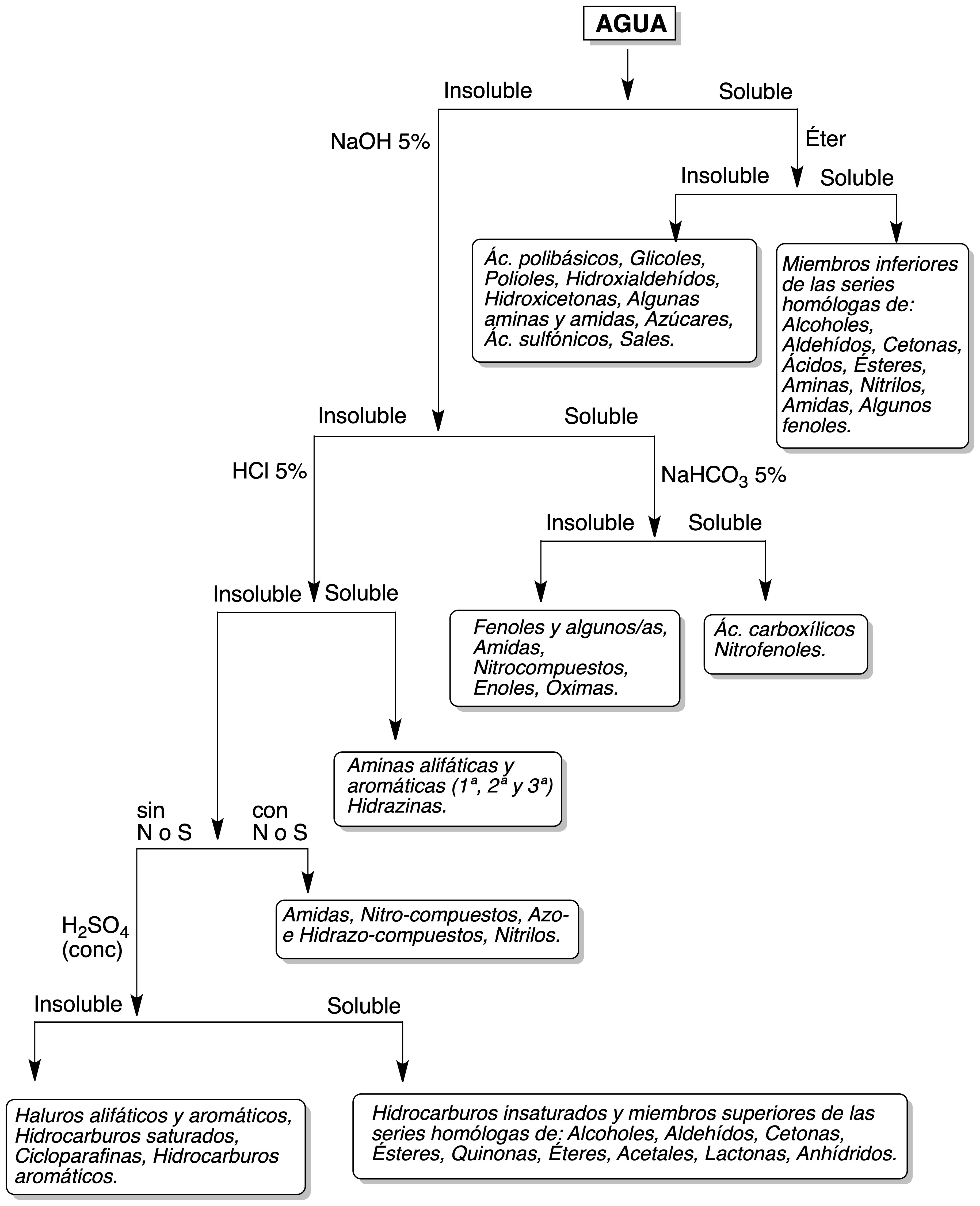 division de los compuestos orgánicos por solubilidades - esquema general de reaccion