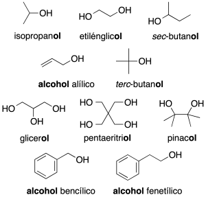 nomenclatura de alcoholes isopropanol etilenglicol sec-butanol alcohol alilico terc-butanol glicerol pentaeritriol pinacol alcohol bencilico alcohol fenetilico