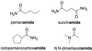 nomenclatura de amidas IUPAC pentanamida succinamida ciclopentacarboxamida N,N-dimetilacetamida