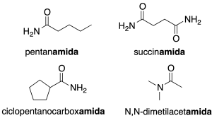 nomenclatura de amidas IUPAC pentanamida succinamida ciclopentacarboxamida N,N-dimetilacetamida