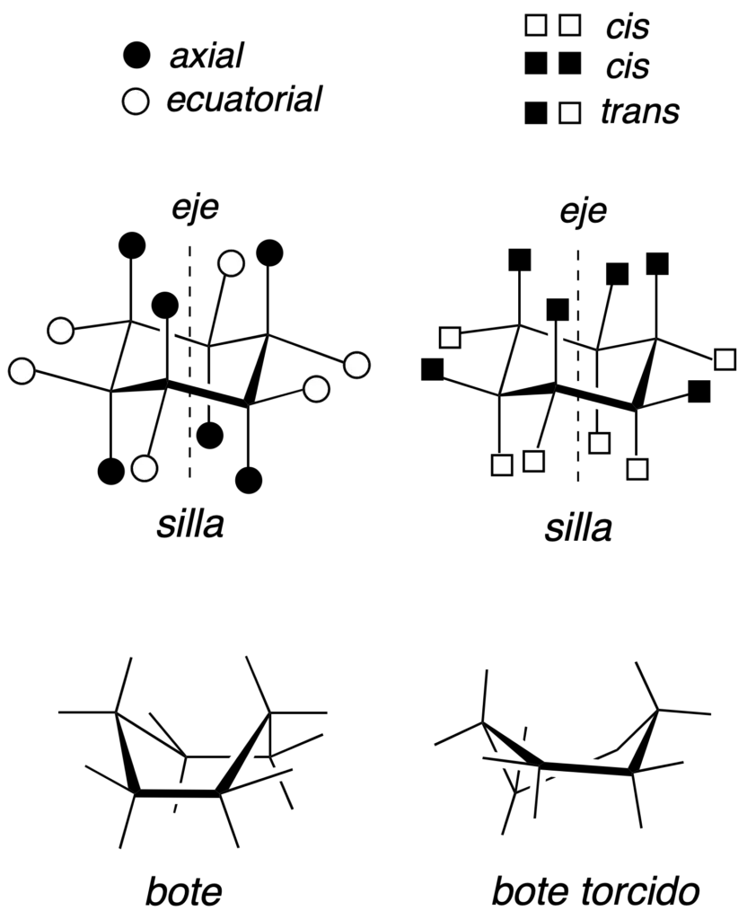 estructura y representacion de las moleculas organicas ciclohexano silla bote bote torcido axial ecuatorial cis trans