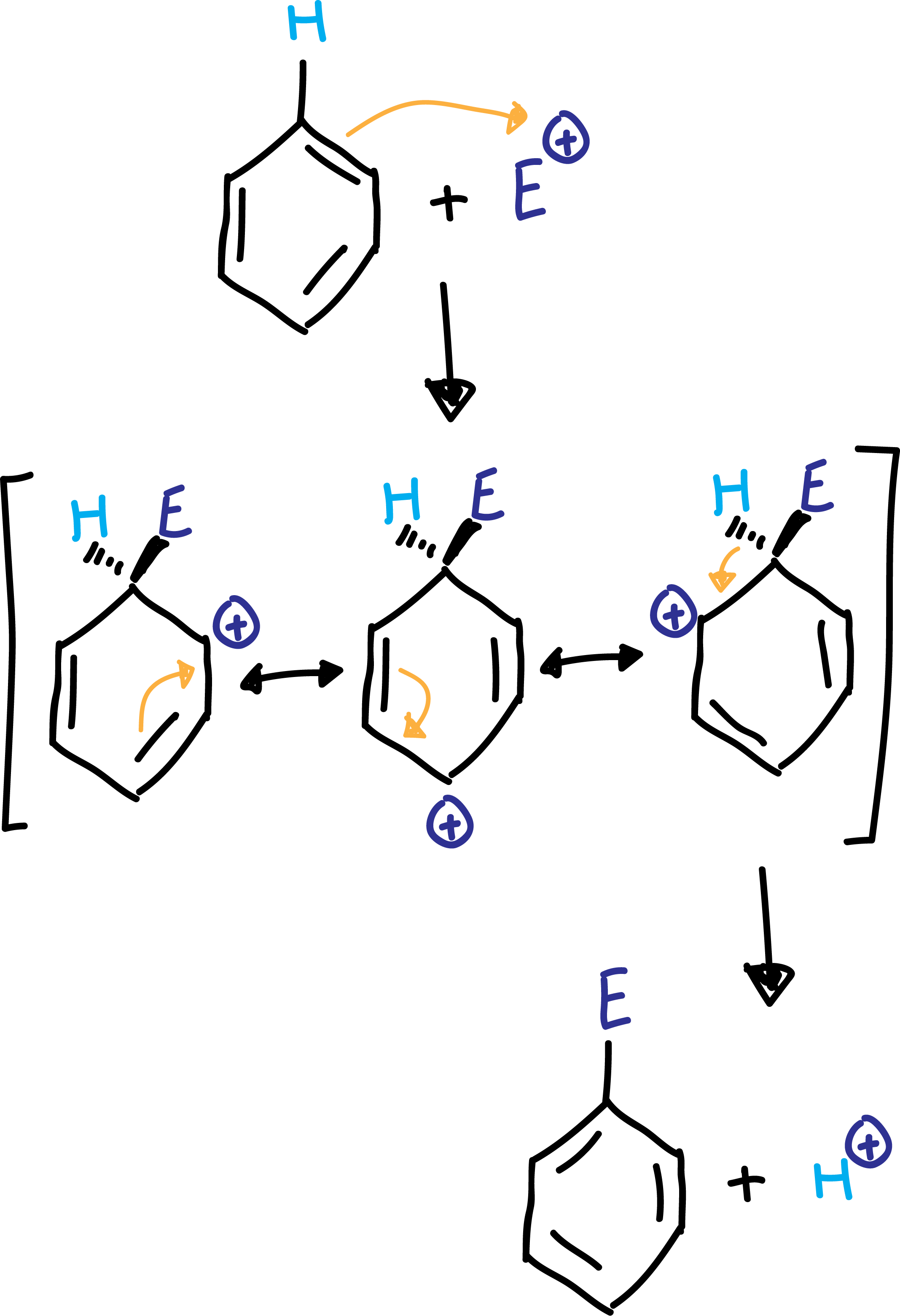 mecanismo de reacción sustitución electrofílica aromática (SEAr) benceno