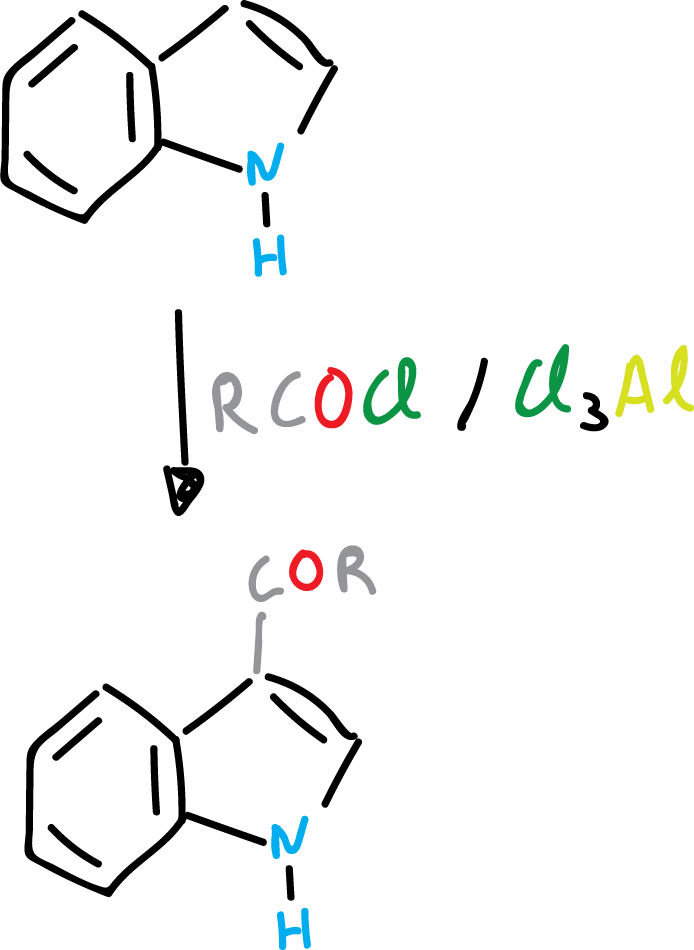 Reacción acilacion de Friedel-Crafts indoles indol SIKJAQJRHWYJAI-UHFFFAOYSA-N