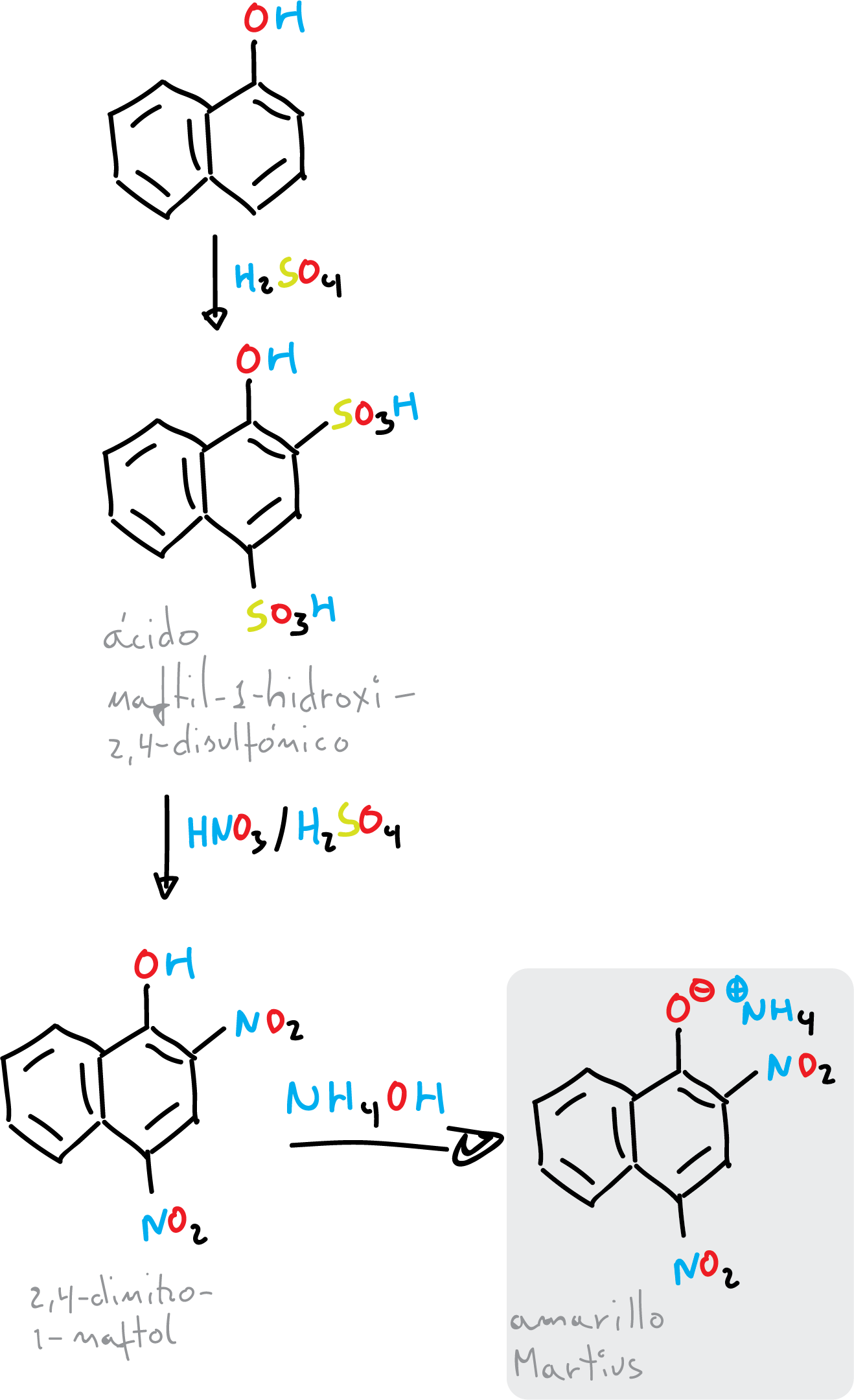 sintesis colorante amarillo martius 1-naftol 2,4-dinitro-1-naftol nitracion sulfonacion hidroxilamina sal de amonio XTWUZSGBAZWJJK-UHFFFAOYSA-N