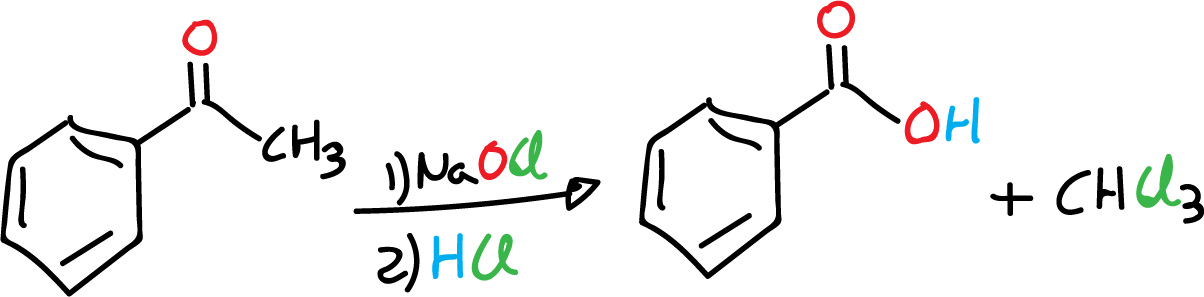 Reaccion oxidacion acetofenona hipoclorito sodico NaOCl acido benzoico cloroformo CHCl3