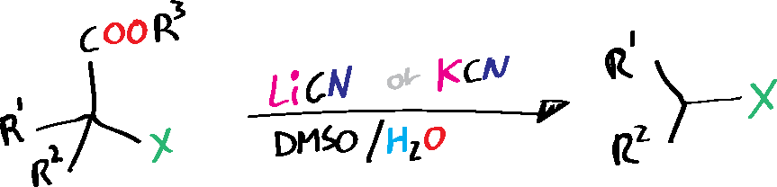 Descarboxilación de Krapcho - esquema general de reacción - reacción de Krapcho - condición de Krapcho - Descarboxilación de Krapcho